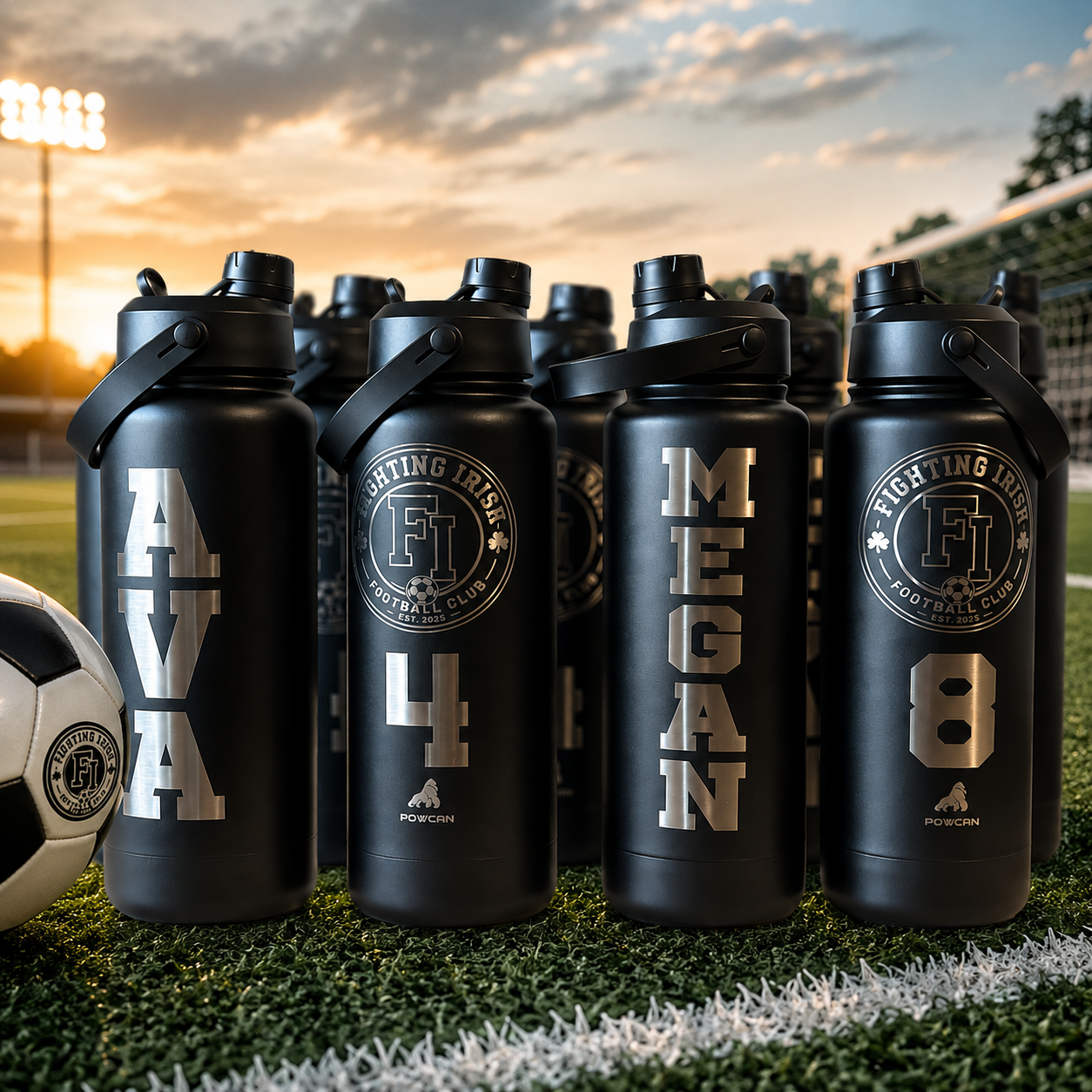 Engraved black Fighting Irish soccer bottles