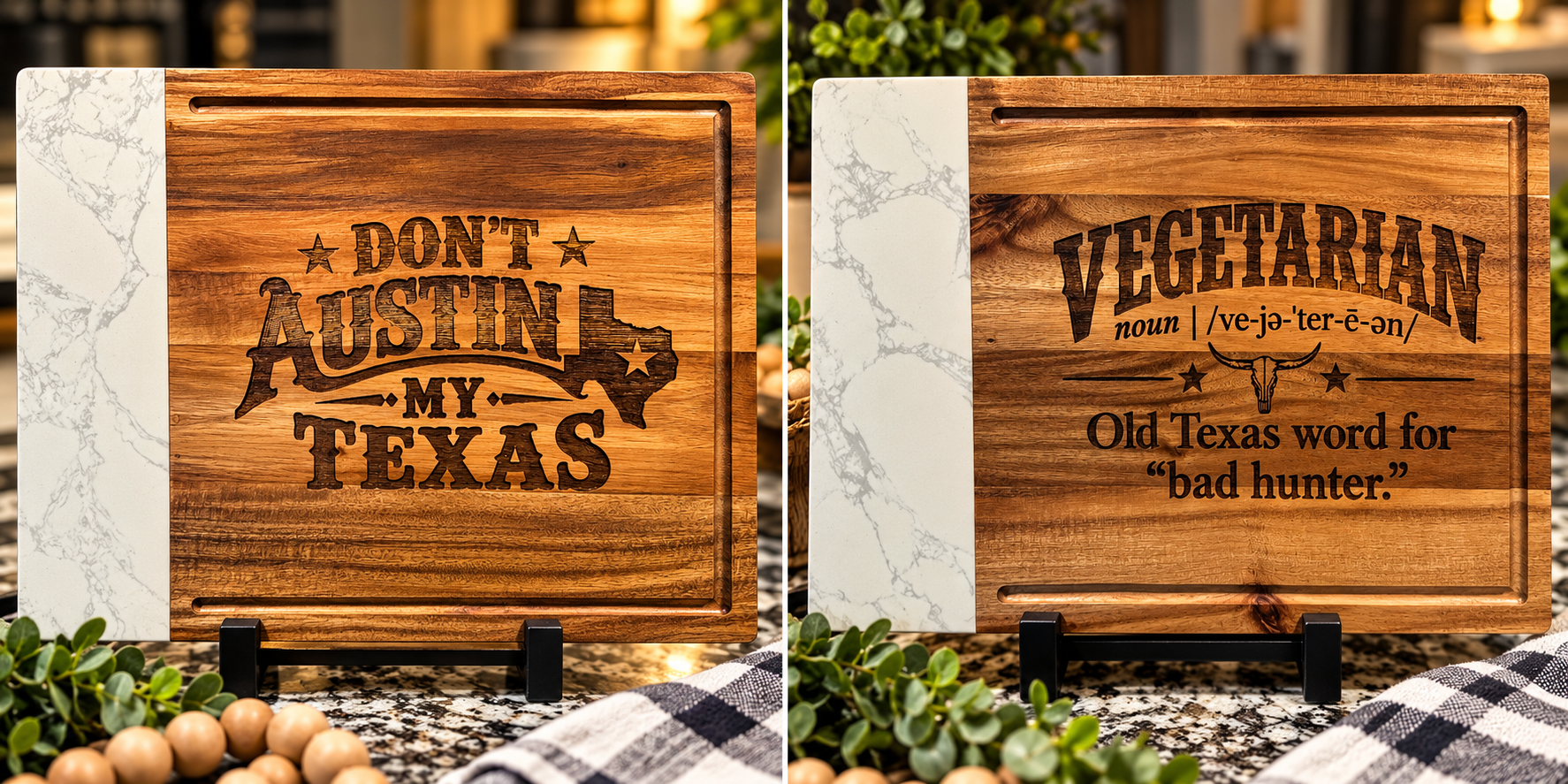 Two engraved Texas themed wood and marble cutting boards